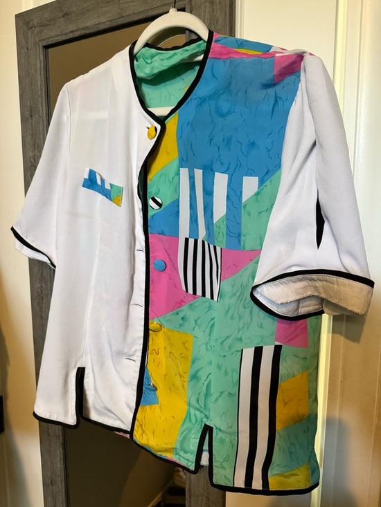 Tops - Colorblock Abstract Print Jacket - White with Teal, Pink & Yellow Accents